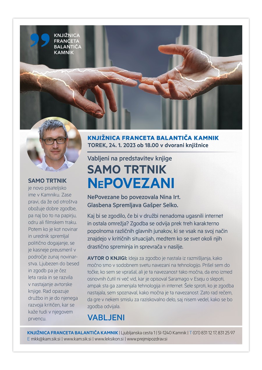 Kaj bi se zgodilo, če bi v družbi nenadoma ugasnili internet in ostala omrežja? Zgodba se odvija prek treh karakterno popolnoma različnih glavnih junakov, ki se vsak na svoj način znajdejo v kritičnih situacijah, medtem ko se svet okoli njih drastično spreminja in sprevrača v nasilje. AVTOR O KNJIGI: Ideja za zgodbo je nastala iz razmišljanja, kako močno smo v sodobnem svetu navezani na tehnologijo. Prišel sem do točke, ko sem se vprašal, ali je ta navezanost tako močna, da eno izmed osnovnih čutil ni več vid, kar je opisoval Saramago v Eseju o slepoti, ampak sta ga zamenjala tehnologija in internet. Šele sproti, ko je zgodba nastajala, sem spoznaval, kako močna je ta navezanost. Zato rad rečem, da gre v nekem smislu za raziskovalno delo, saj nisem vedel, kako se bo zgodba odvijala.